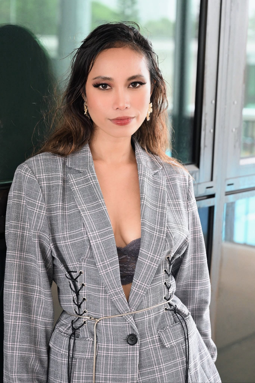 Esva Blazer | Womens Lace Up Corset Detail Check Blazer